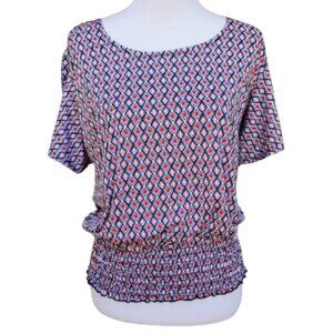 Passports Geo-Print Blouse Red Blue Flutter Slit Sleeves Smocked Hem